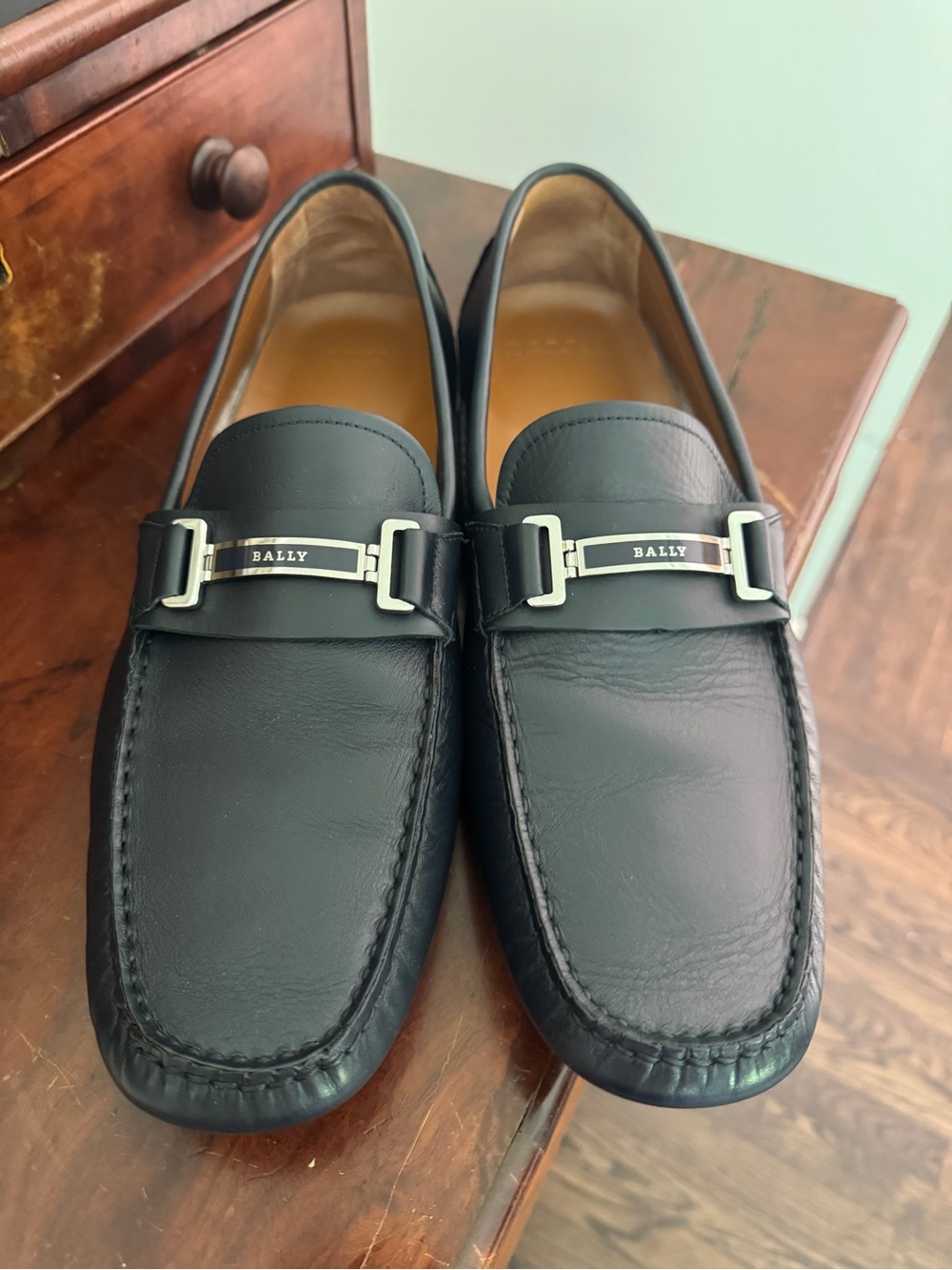 Bally Navy Leather Loafers with Silver Hardware